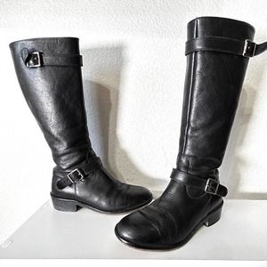 10022-SHOE Saks Fifth Ave Italian Riding Biker Boots 37.5 Black Leather